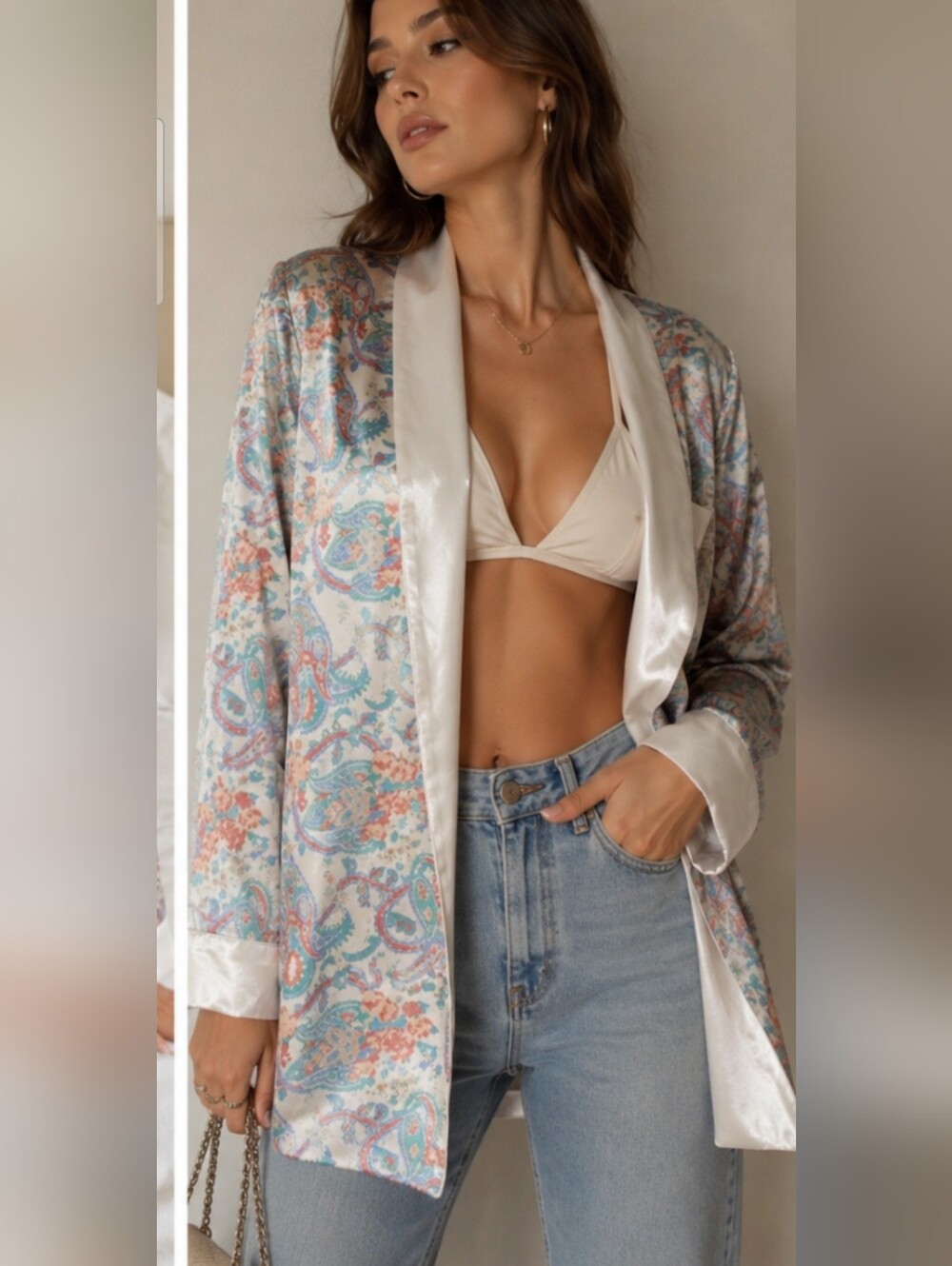 Vintage Today Tonight Satin Paisley Floral Lounge Jacket Robe Duster OS